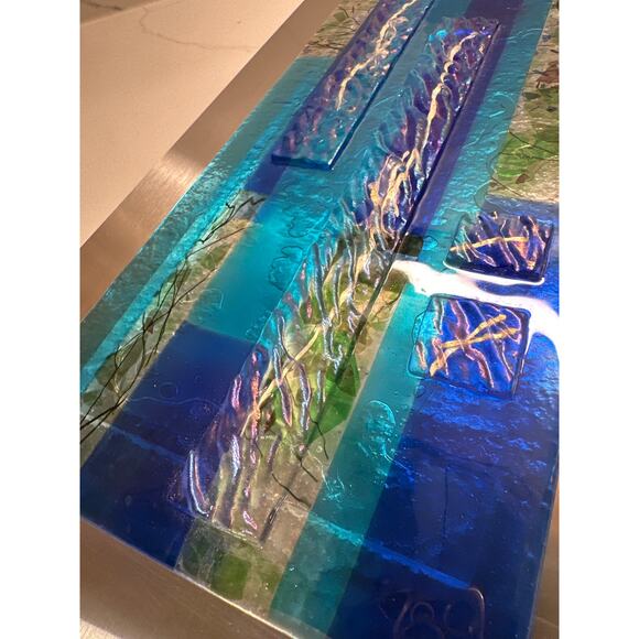 Modern Glass Fusion Original Handmade by Artist 18x10” Art Glass Stainless Steel - Picture 4 of 9